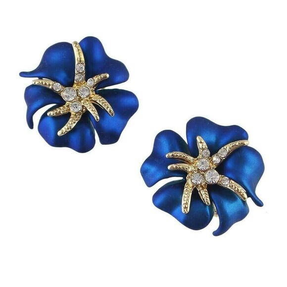 Satin Cobalt Blue Enamel Tropical Flower Stud Earrings with Crystal Accents - Picture 1 of 4